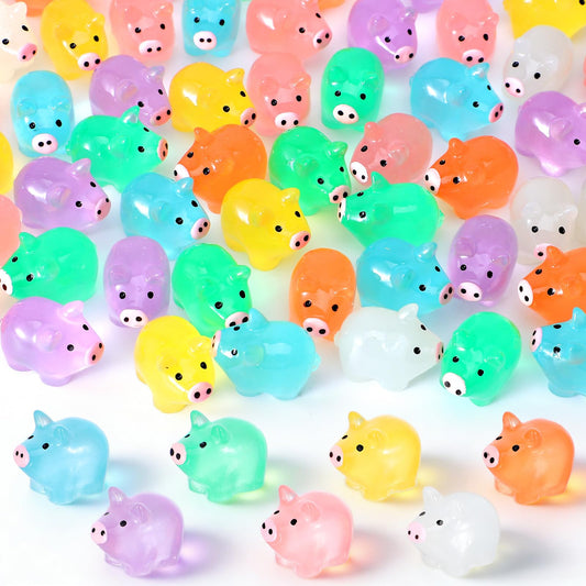 Yolev 56PCS Mini Resin Pig Luminous Miniature Pigs Figures Glow in The Dark Tiny Pigs Figures Micro Fairy Ornaments for Garden Landscape Plant Dollhouses Birthday Decor 7 Colors