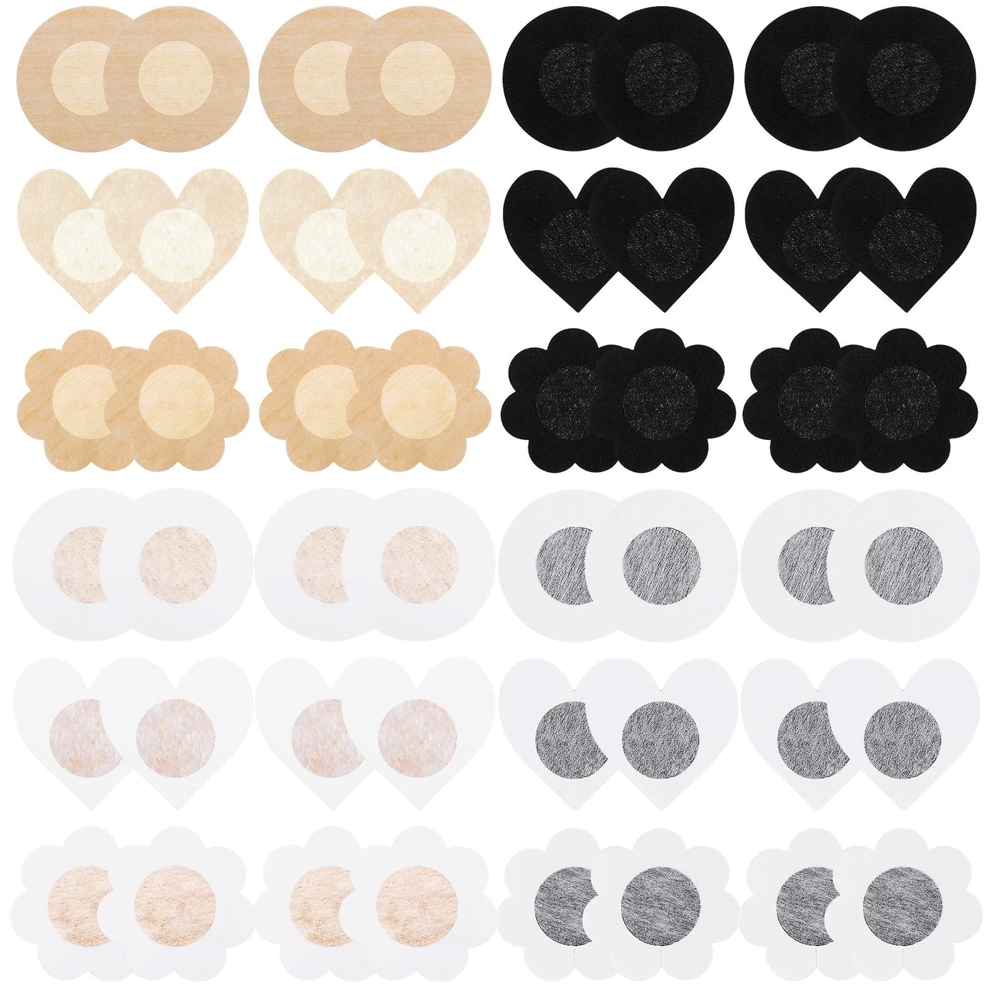 Josojoou 100 Pcs Disposable Breast Covers, 50 Pairs No Show Satin Breast Petals Stickers, 3 Styles Self-Adhesive Nipple Covers Pasties for Women(Beige, Black)
