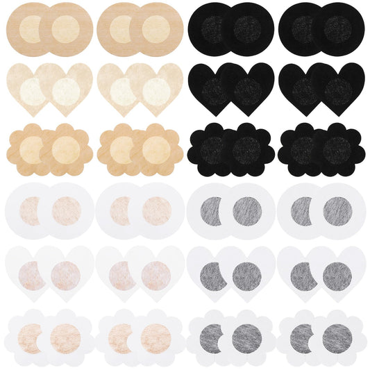 Josojoou 100 Pcs Disposable Breast Covers, 50 Pairs No Show Satin Breast Petals Stickers, 3 Styles Self-Adhesive Nipple Covers Pasties for Women(Beige, Black)