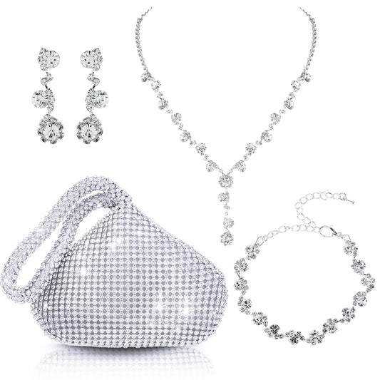 Bridal Jewelry Set for Wedding Rhinestone Clutch Purse Bag Bling Evening Bag Silver Necklace Earrings Bracelet Brides Bridesmaid Prom Costume Jewelry Set for Women and Girls