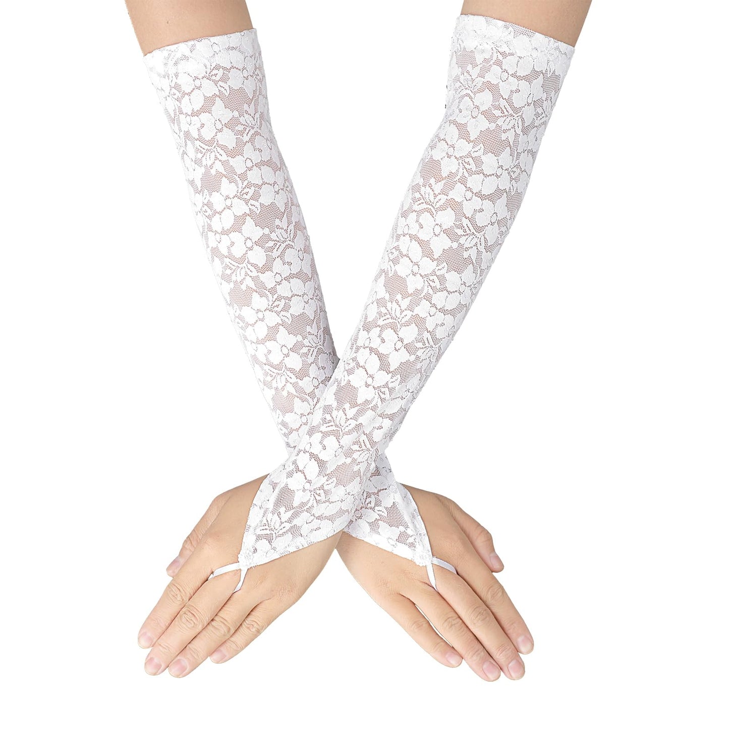 Long Lace Gloves Women Tea Party White Lace Gloves Women Tea Party Gloves Stretchy White Lace Fingerless Gloves for Women Ladies Costume Evening Opera Bridal Party Wedding Masquerade Prom(White)