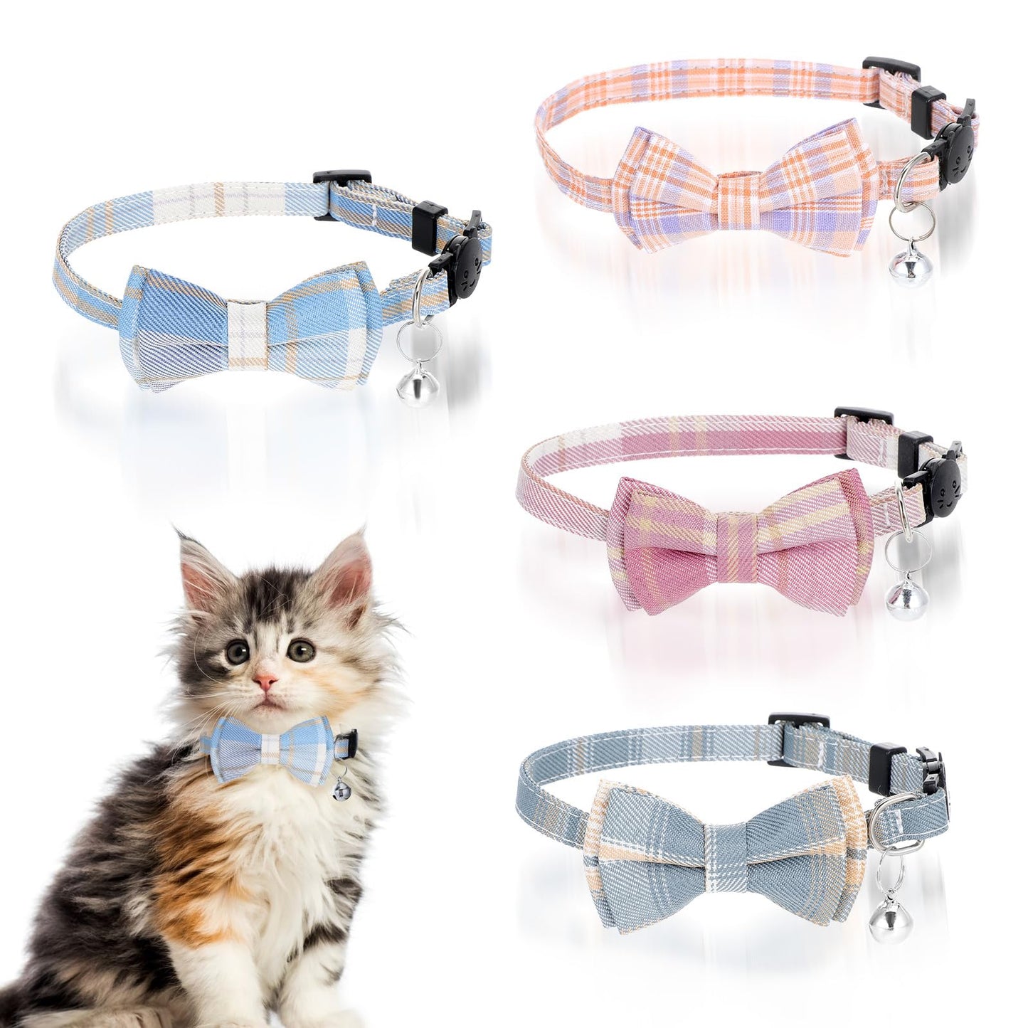 Breakaway Cat Collars 4 Pack with Bell & Bow Tie - Plaid Pattern, Polyester Cotton Soft Adjustable Safety Collars for Cats Kittens & Small Pets