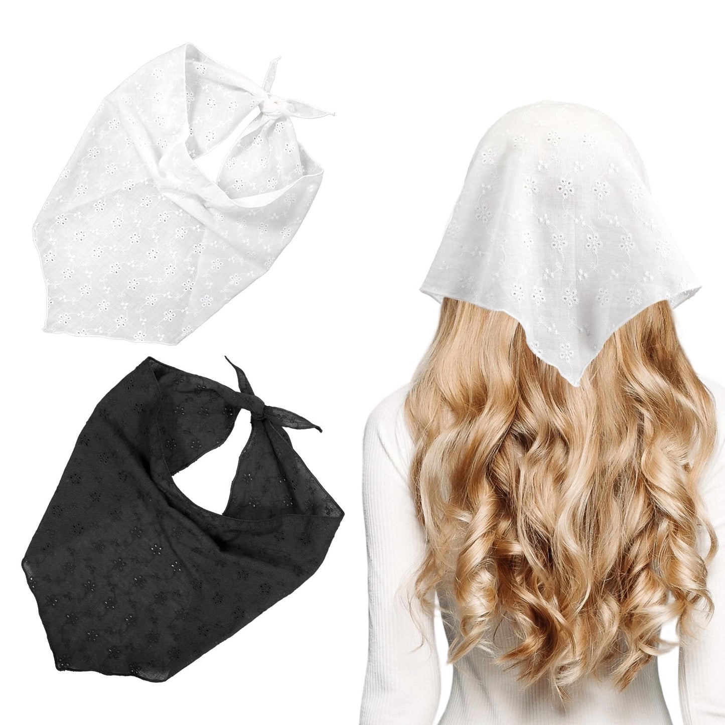 Lusofie Lace Head Scarf for Women - Soft Breathable Bandana, Versatile Fashion Hair Accessory for Summer, Beach, Hairstyling - Cute Stylish Head Wrap (Black and White)