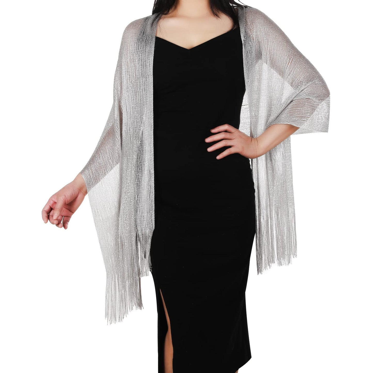 Women's Evening Sparkling Metallic Shawls and Wraps with Scarf Clip, Metallic Scarf for Bridal Weddings/Evening Party/Formal Dresses (Silver Gray)