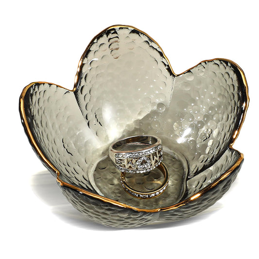 Lusofie Jewelry Dish Flower Shape Trinket Jewelry Tray Small Glass Ring Jewelry Dish Tray For Women Crystal Trinket Bowl For Vanity For Engagement Gift Present For Wife Mom Daughter Women (Black)