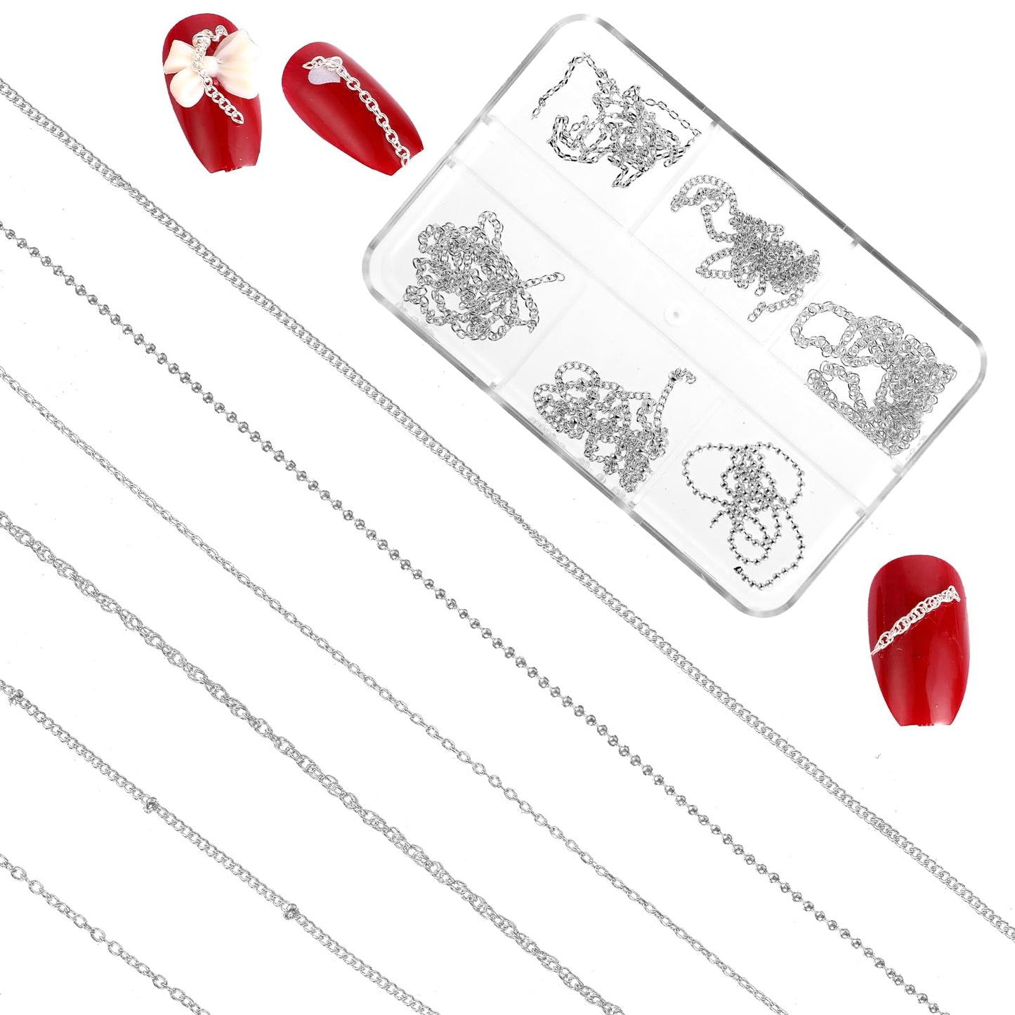 6 Strips Nail Chains Chain Nail Charms,3D Nail Art Charms Silver Chain Accessories Supplies,Metal Punk Nail Caviar Beads for Nails,DIY Women Nail Art Decoration
