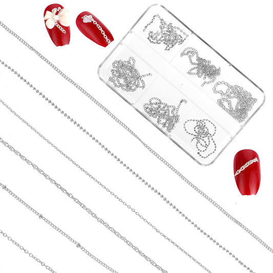 6 Strips Nail Chains Chain Nail Charms,3D Nail Art Charms Silver Chain Accessories Supplies,Metal Punk Nail Caviar Beads for Nails,DIY Women Nail Art Decoration