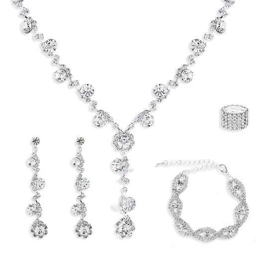 Lusofie 4 Pcs Rhinestone Bridal Wedding Jewelry Set Rhinestone Necklace Earrings Bracelet Ring Silver Rhinestone Jewelry Set for Women/Brides/Bridesmaids Party Costume Accessories