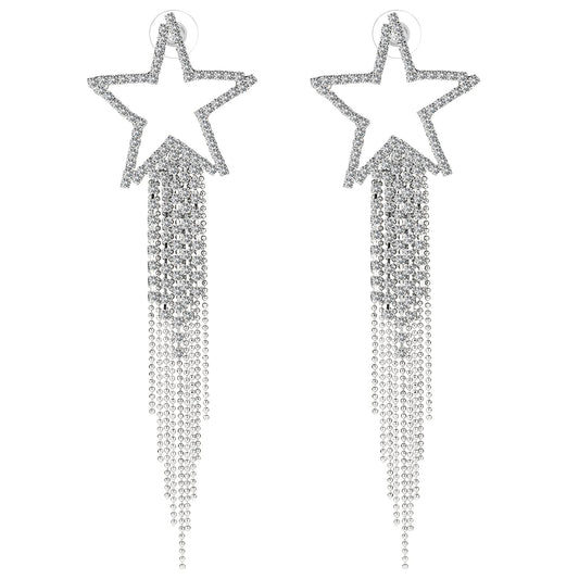 Lusofie Women’s Tassel Earrings Star Ear Stud Pave Crystal Dangle Earrings Rhinestone Fringe Chain Earring Bridal Jewellery Silver Tassel Drop Dangle Earrings Crystal Statement Dangle Earrings