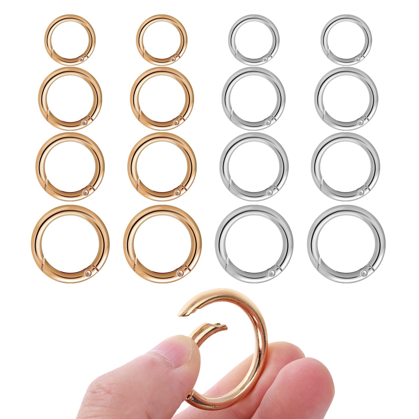 Yolev 16PCS Trigger Metal Spring O Rings Round Carabiner Clip Snap Trigger Spring Keyrings Buckle for Bag Purse Handbag Strap Craft Jewelry Making (Outside Diameter 25mm Silver, Gold)