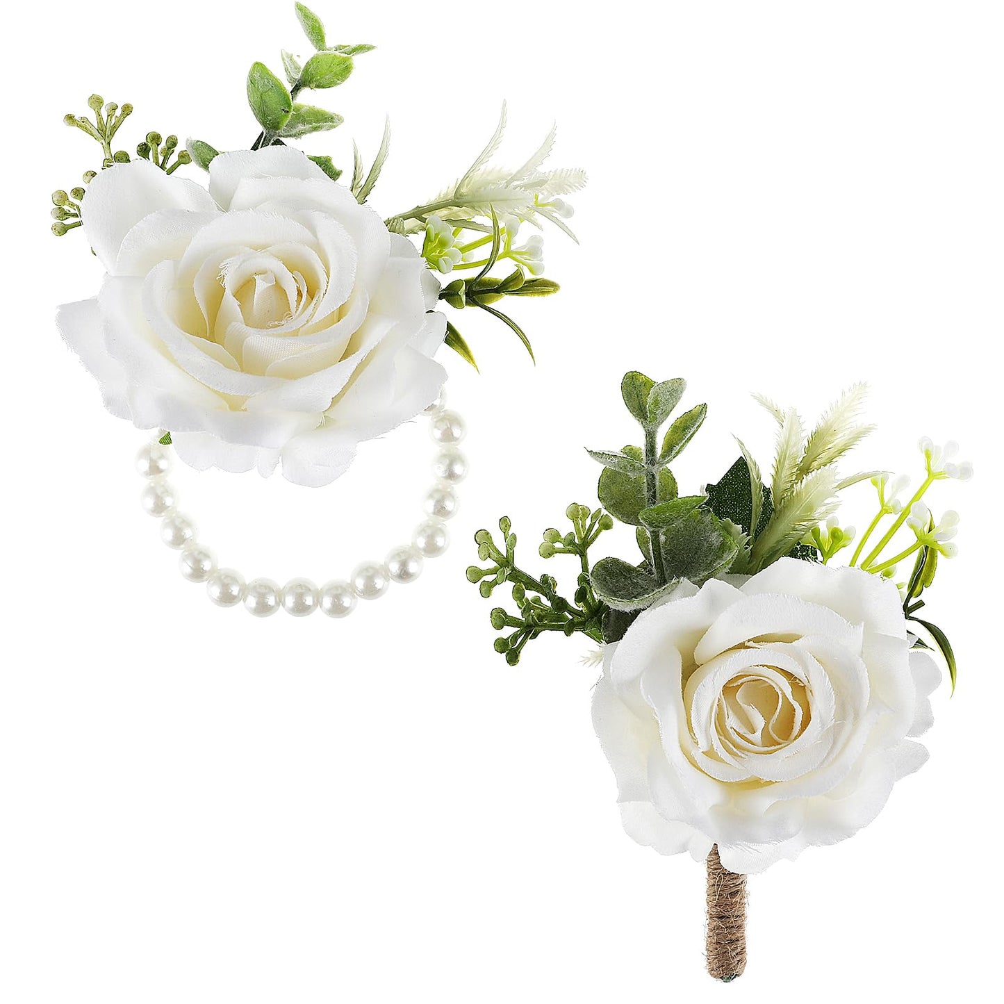 Yolev White Corsage and Boutonniere Set, Ivory Boutonniere, Prom Flower Wrist Corsage Bracelets, for White Wedding Flower Accessories Prom Suit Decorations(milky a flower)