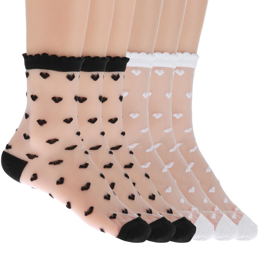 DIVINA VITAE 6 Pairs Sheer Ruffle Socks Woman Lace Heart Ankle Socks Summer Ultra Thin Transparent Socks See Through Frilly Socks Clear Tulle Mesh Socks for Women Fashion