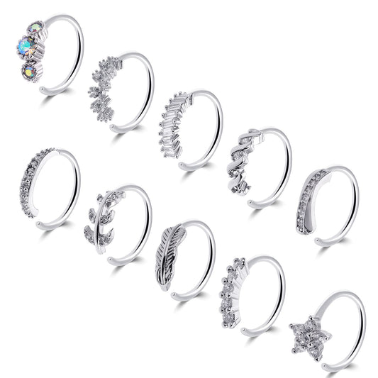 Yolev 10Pcs Nose Rings Hoops Silver Septum Clicker Rhinestones Paved Leaf Feather Hinged Cartilage Tragus Lip Earrings Nose Piercing Hoop for Women(8MM)
