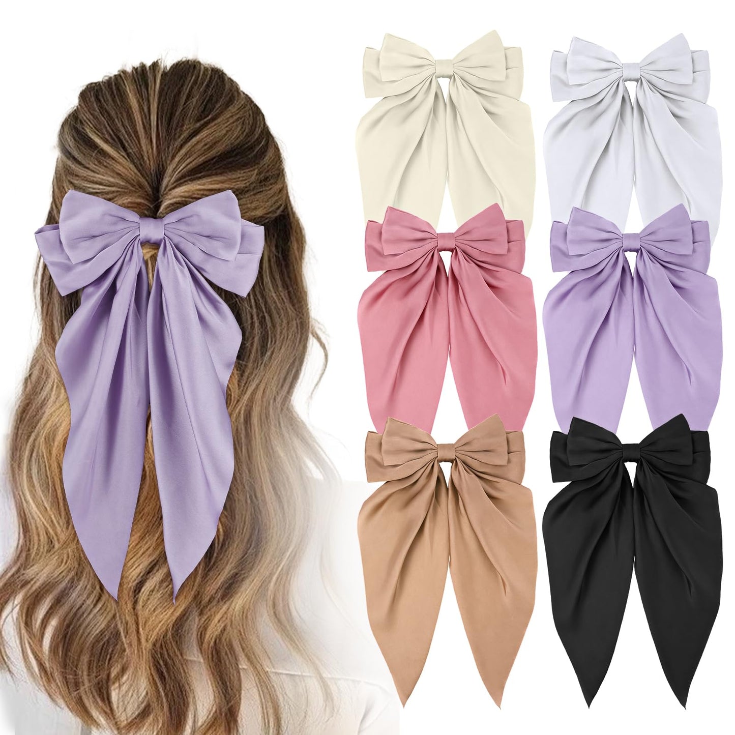 6Pcs Silky Satin Hair Bows, Big Hair Bow Clip, Long Tail Hairs Clips Bow for Women Girls Hairs Accessories