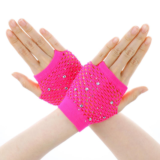 Lusofie Rhinestone Fishnet Gloves Short Fingerless Gloves for Women 80s Accessories Mesh Gloves for Costume Evening Party Halloween Cosplay Supplies(Rose red)