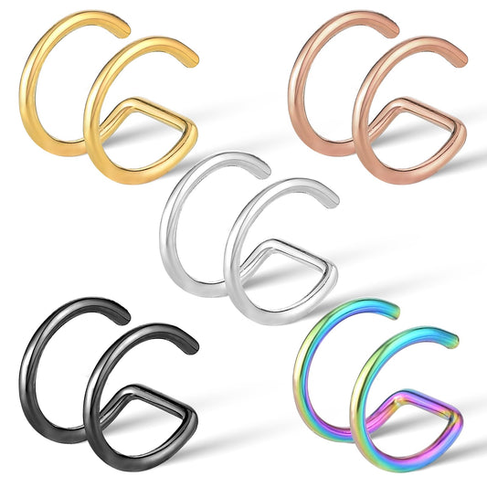 Telooco 5Pcs Fake Nose Rings Hoops Fake Piercing Clip on Nose Lip Earrings Stud Stainless Steel Double Hoop Multicolor Faux Septum Nose Rings for Women Men