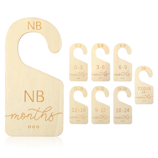 8 Pcs Beautiful Wooden Baby Closet Dividers for Clothes Organizer Adorable Baby Wardrobe Dividers Double-Sided Baby Clothes Size Hanger Organizer from Newborn to 24 Months for Boho Nursery Decor