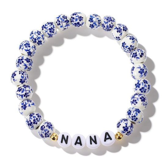 HekouJiub Blue White Bead Bracelet, Ceramic Chakra Bracelets with Letters, Bead Bracelets for Women， Birthday Day Gifts(NANA)