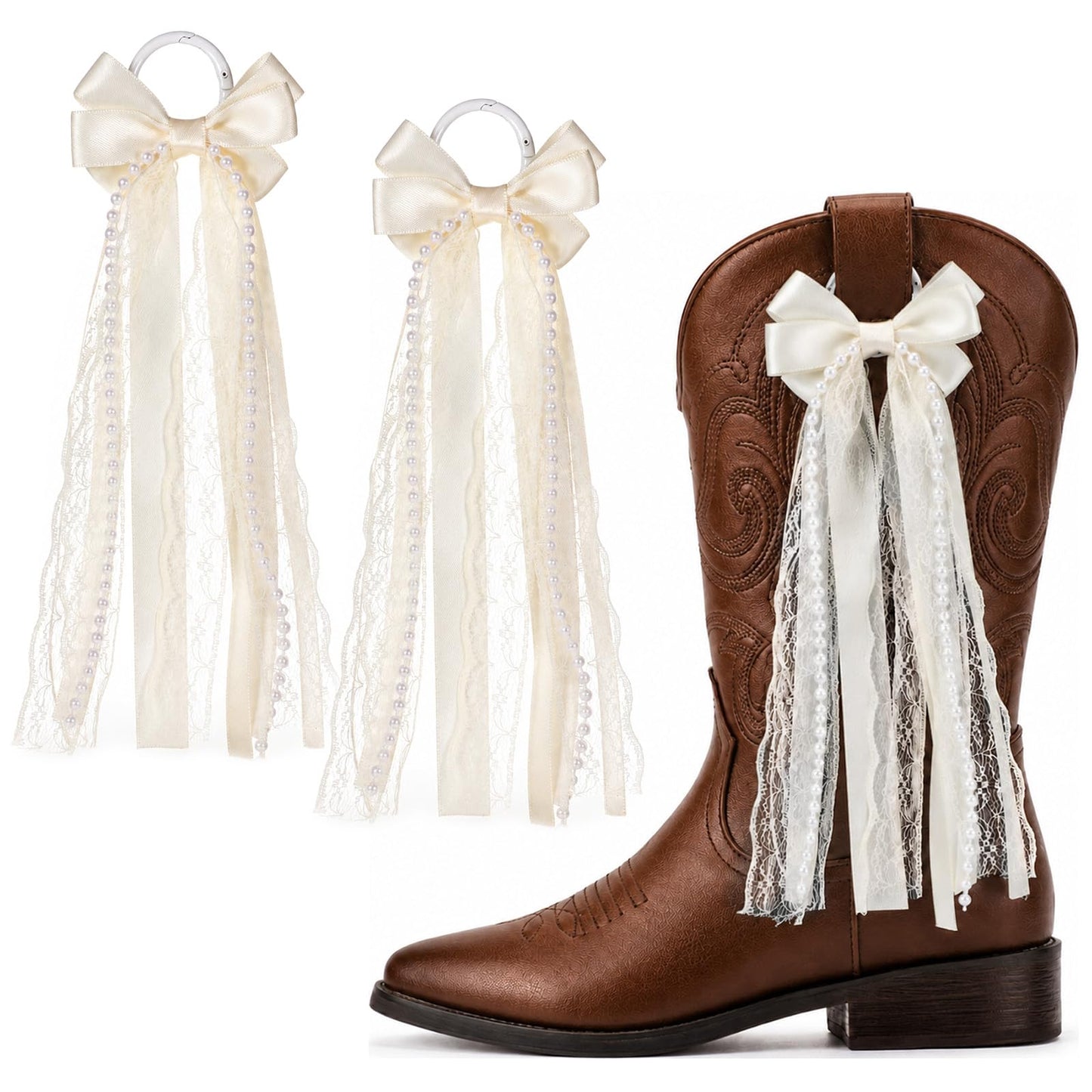 2 Pcs White Ribbon Boot Bows, Removable Satin Pearl Lace Boot Accessories
