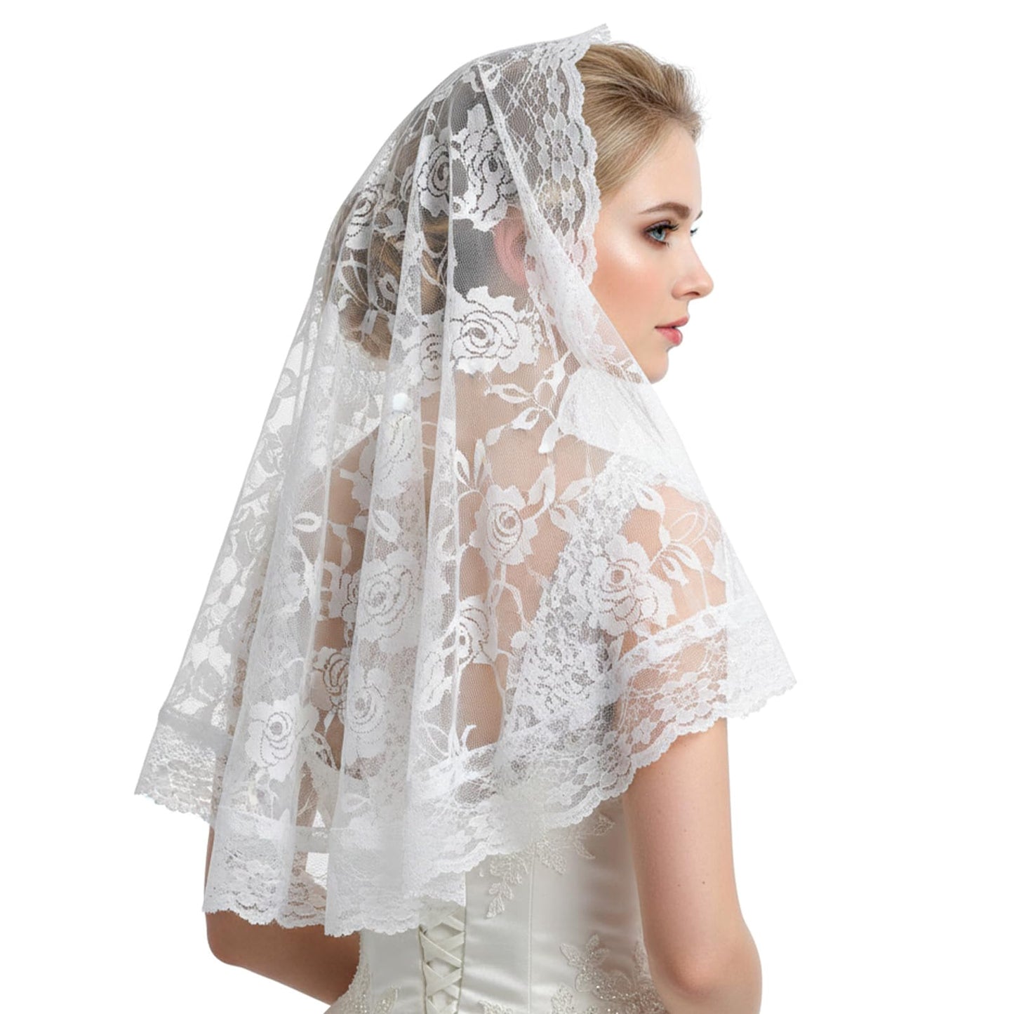 Wedding Bridal Veil Catholic Church Head Covering Floral Edge Tulle Veil