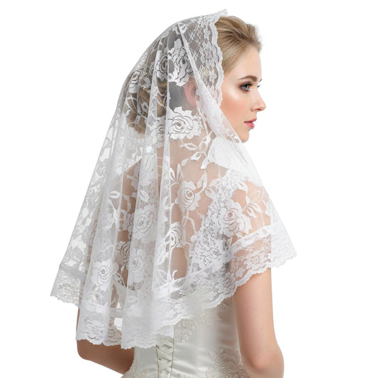 Wedding Bridal Veil Catholic Church Head Covering Floral Edge Tulle Veil