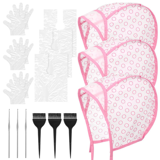 Hair Coloring Kit Includes 3 Pcs Highlight Cap with 3 Pcs Crochet Hooks 3 Pcs Dye Brush 3 Pair Gloves 3 Disposbale Hair Dye Shawl Comprehensive Hair Highlighting Kit for Dyeing Hair (Pink)