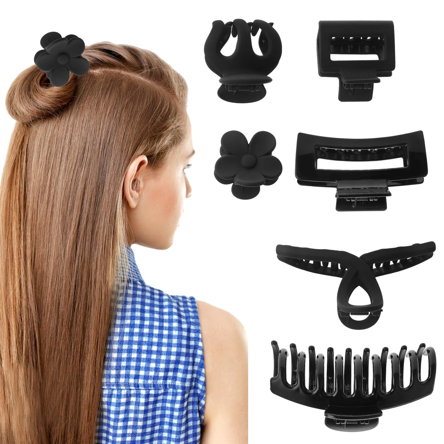 6Pcs Black Hair Claw Clips Large Black Claw Clips for Thick Hair Black Hair Clips Cute Black Jaw Clip for Hair Ponytail Holder Hair Accessories for Women Girls