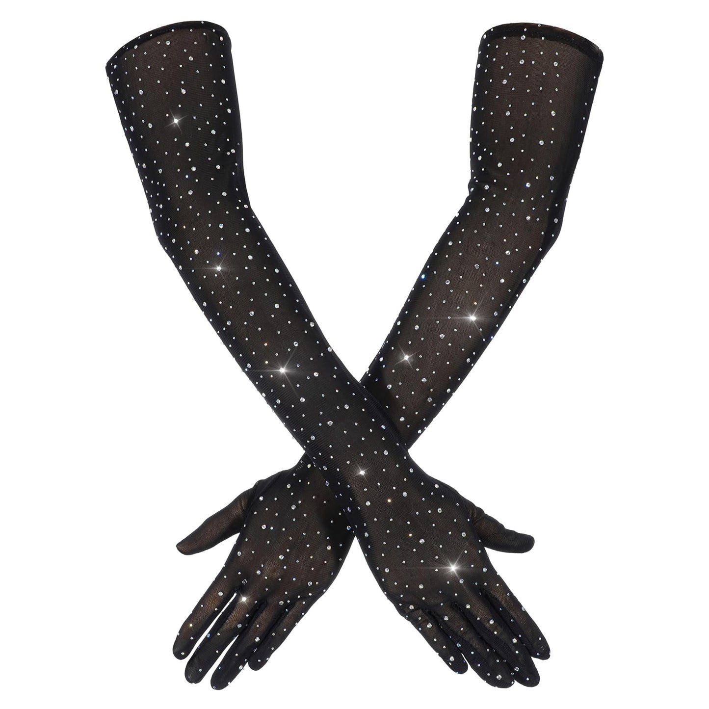 Women Long Gloves Rhinestone Black Gloves Fishnet Mesh Sparkly Glitter Fashion Opera Gloves For Party Halloween Costumes Accessories