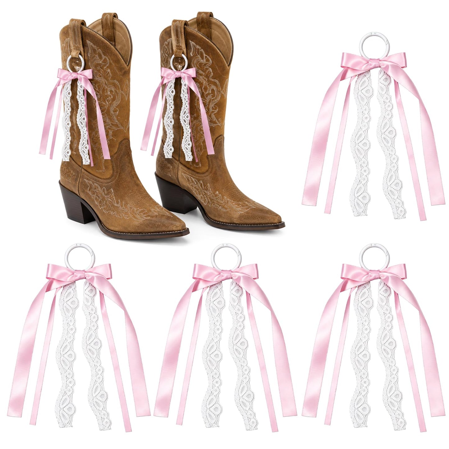4 Pcs Pink Ribbon Boot Bows, Removable Ribbons Boot Bows for Cowgirl Boots