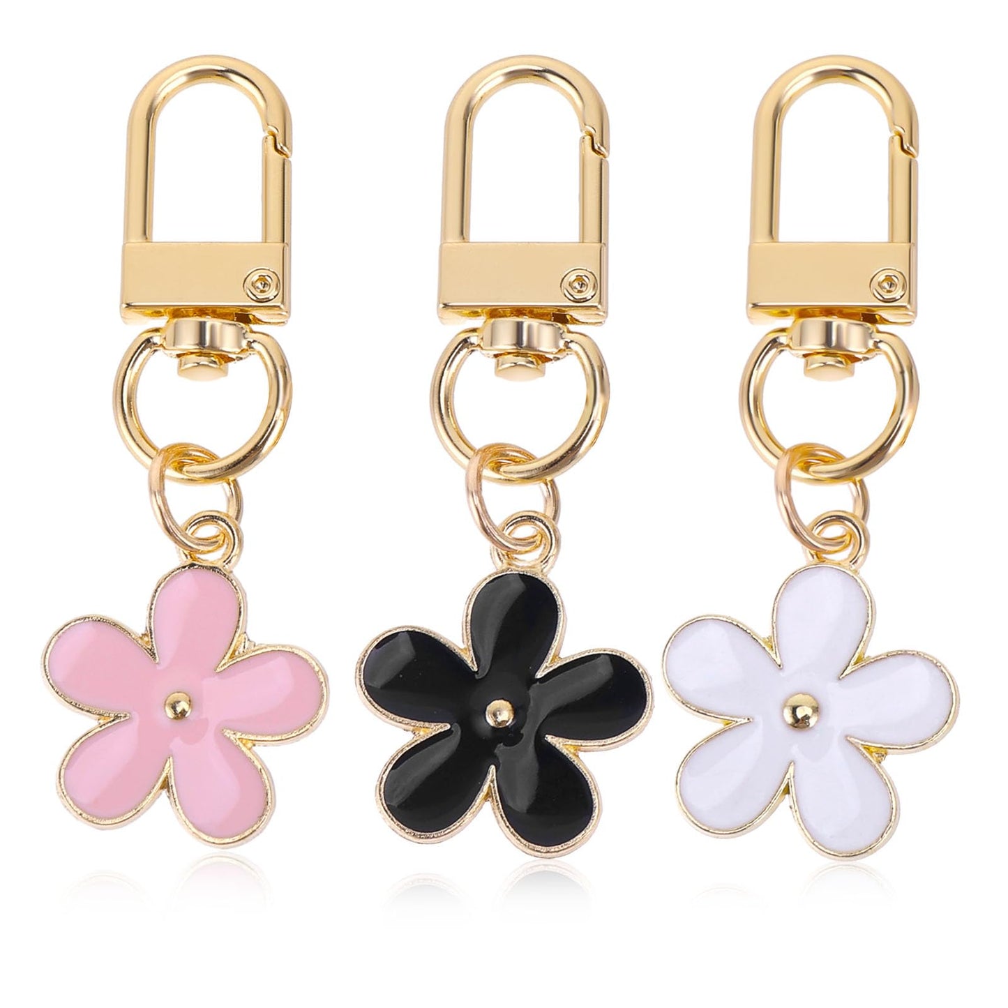 Telooco 3Pcs Flower keychains for Women, Aesthetic Keychain Charms 5.2 * 1.1Cm/2 * 0.43Inch Bag Charms for Girls' Key Storage Gift Bag Accessories (Black White Pink)