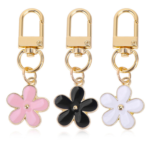Telooco 3Pcs Flower keychains for Women, Aesthetic Keychain Charms 5.2 * 1.1Cm/2 * 0.43Inch Bag Charms for Girls' Key Storage Gift Bag Accessories (Black White Pink)