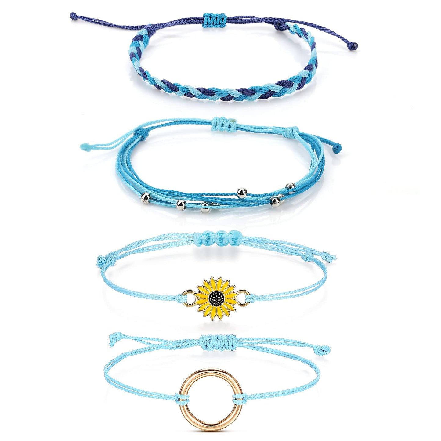 Yolev 4Pcs Bohe Woven Bracelet Handmade Braided Anklet Bracelets String Rope Bracelets Adjustable Wax String Jewelry Boyfriend Girlfriend Friendship Gifts