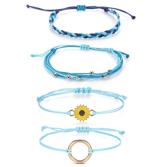 Yolev 4Pcs Bohe Woven Bracelet Handmade Braided Anklet Bracelets String Rope Bracelets Adjustable Wax String Jewelry Boyfriend Girlfriend Friendship Gifts