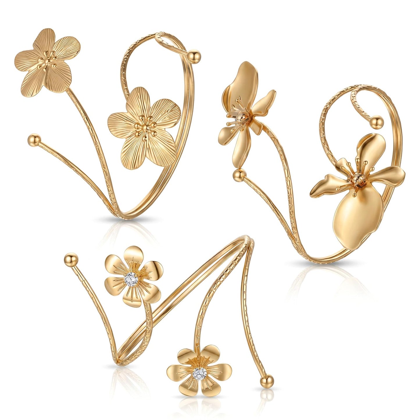 3Pcs Gold Flower Arm Cuffs Bangles Coil Upper Arm Band Cuff Bracelet