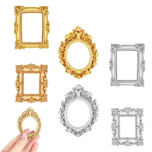 6 Pcs Dollhouse Picture Frames Set, 3 Shaped Miniature Dollhouse Mirror European Frame Mirror with Carved Golden Edges, Vintage Doll House Photo Frame for 1/12 Dollhouse Decor