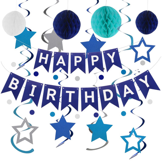 Navy Blue Birthday Decorations for Men - Balloon Garland Kit with Happy Birthday Banner, Honeycomb Decor, Stars & Dot Streamers | Party Backdrop Decor for Dad, Him, Boys, Teen Guys