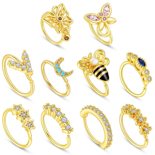 HekouJiub 10 Pcs Gold Hoop Nose Ring Stainless Steel 20g Nose Ring Hoop Heart-Shaped Butterfly Bee Moon Star Flower Perforated Circular Noses Rings, Unisex
