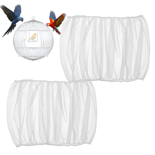 Fiyooau 2Pcs Bird Cage Seed Catcher, Adjustable Bird Cage Skirt Cover, White Stretchy Birds Cages Netting for Round Square Parrot Parakeet Macaw African Cages