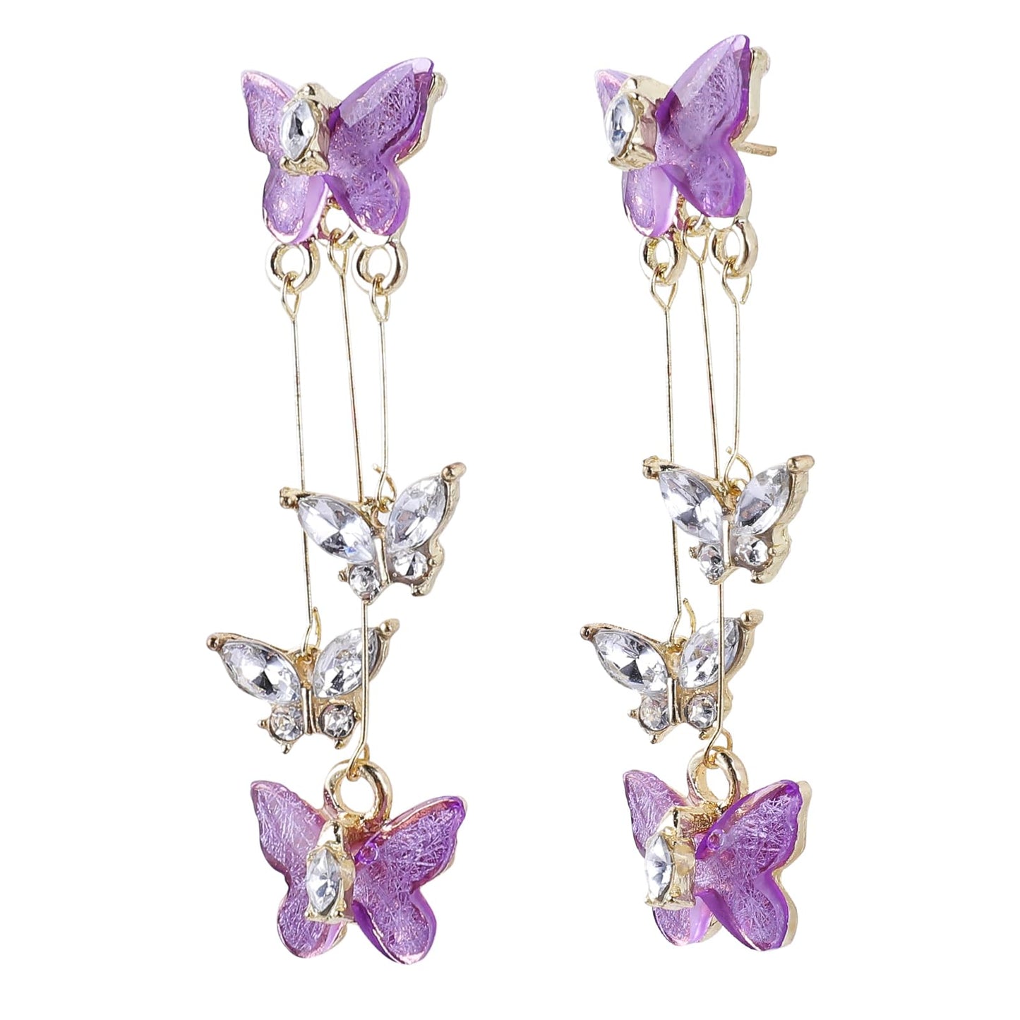 Purple Butterfly Earrings Crystal Butterfly Earings Long Tassels Shiny Butterfly Dangle Earrings Zircon Earrings for Women Crystal Rhinestone Drop Earrings 3D Long Butterfly Earrings for Women Girls