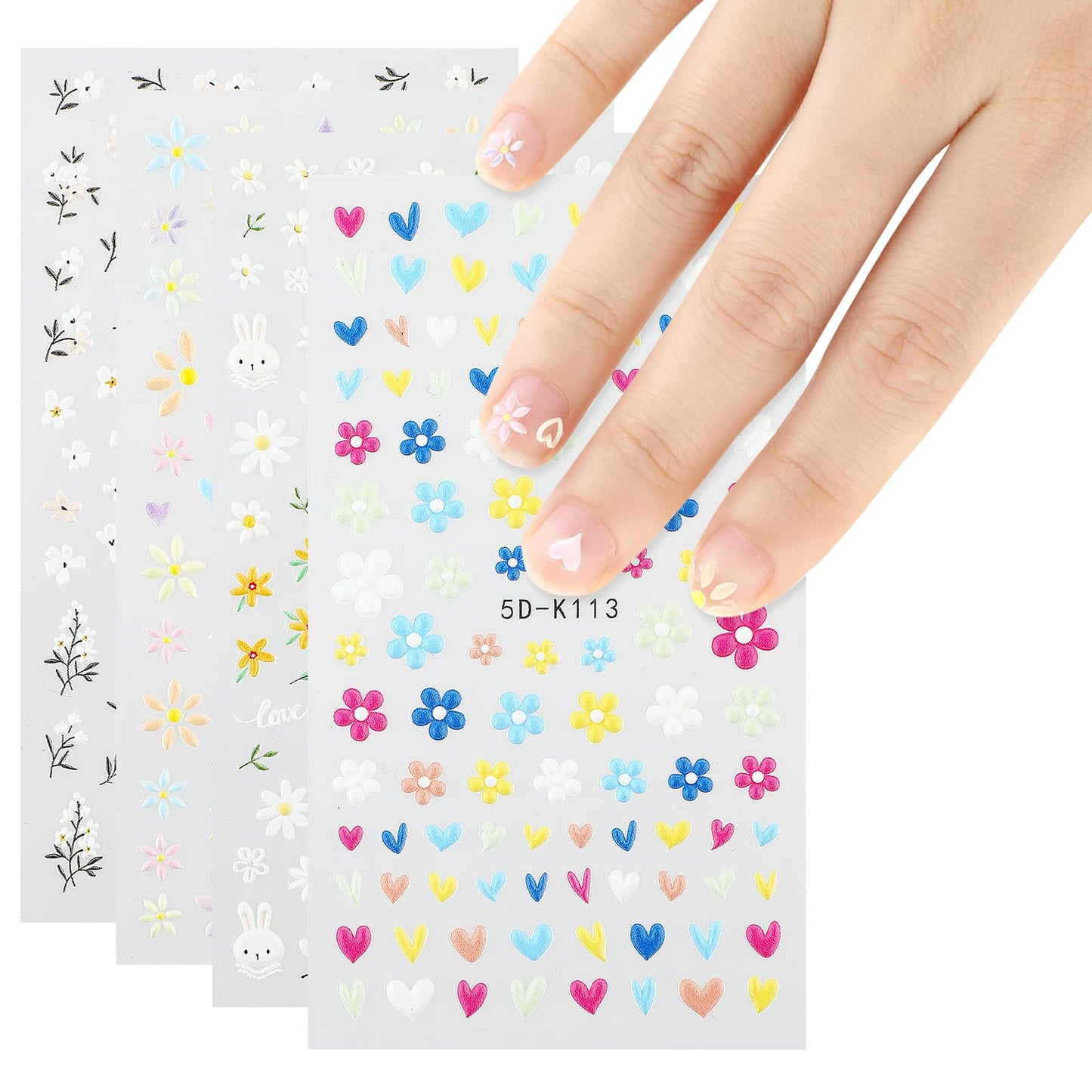 Lusofie Flower Nail Stickers,5D Embossed Nail Art Stickers Colorful Nail Flower Stickers Nail Decals Nail Stickers for Nail Art Self Adhesive Nail Supplies for Women Girls