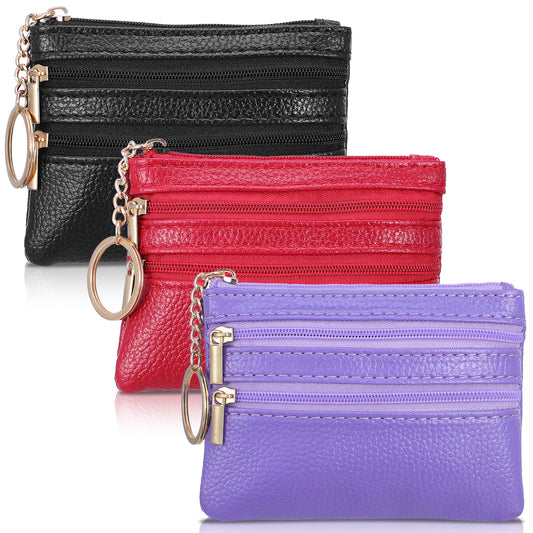 Telooco 3 Pcs Coin Purse Pouch PU Leather Small Coin Pouch Portable Change Purse for Coins for Credit Card Folded Bills Id Card Keys Headphones Lipstick, Unisex (Black, Purple, Burgundy)