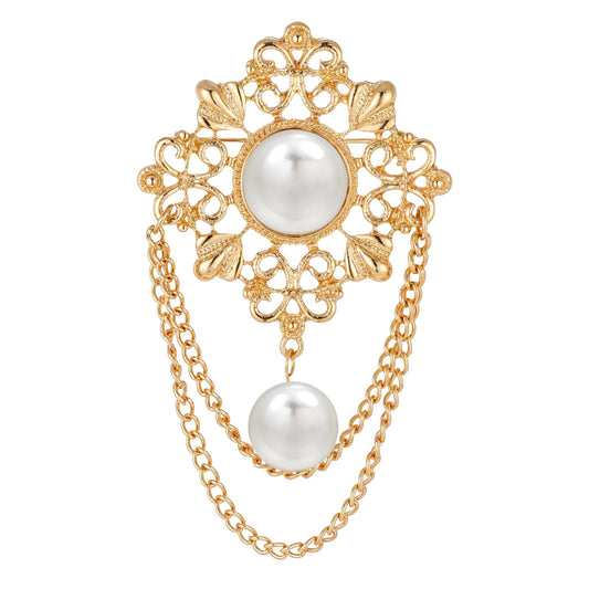 Vintage Round Pearl Filigree Flower Chain Tassel Brooches, Elegant Flower Badge Brooches, Dainty Boho Baroque Gold Dangle Drop Pin for Dress Suit Accessories Boutonniere Ideas Gift