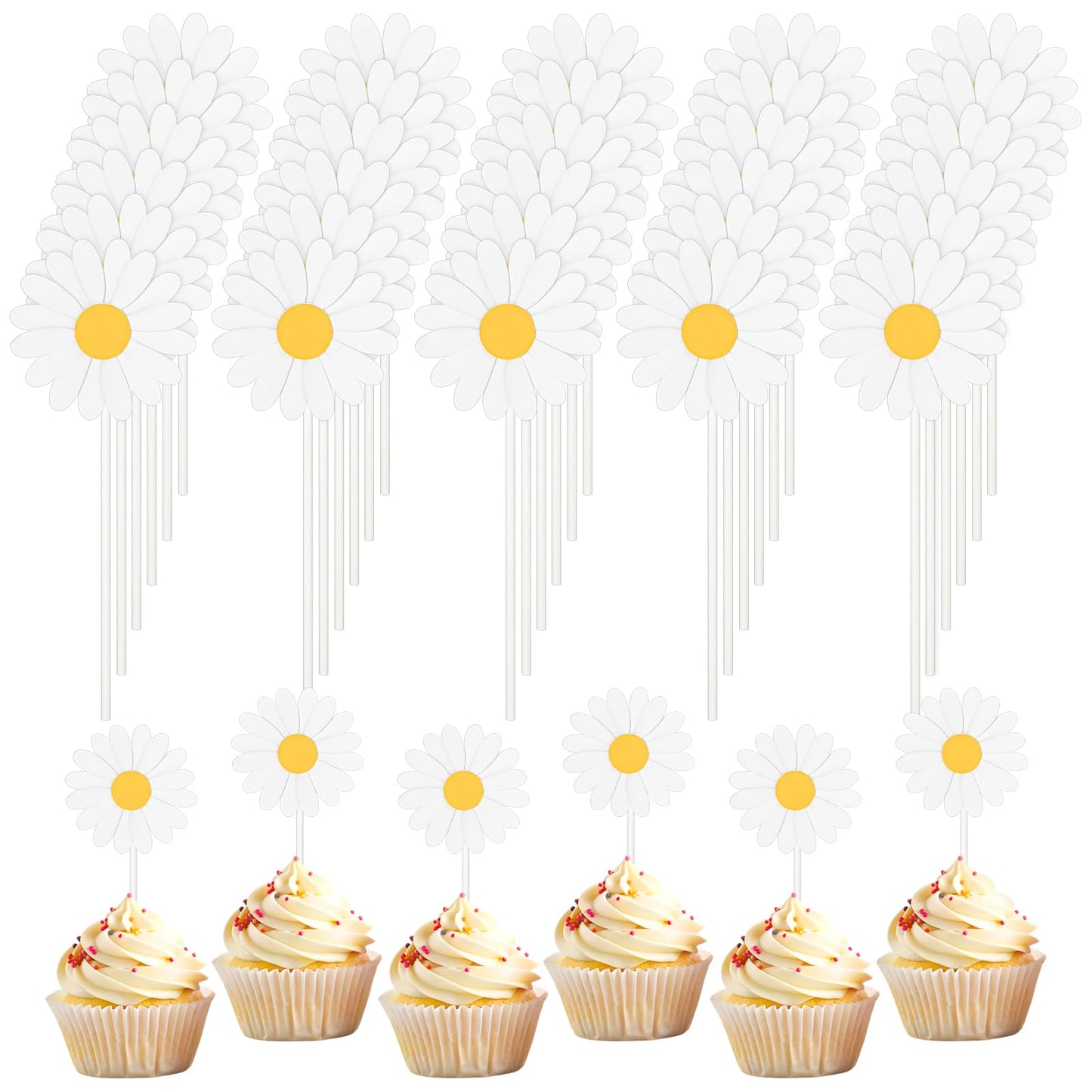 Daisy Cupcake Toppers Flower Toothpicks 12 * 4.7cm/4.7 * 1.8inch, White Cute Toothpicks Cocktail Cake Fruit Bowl Yogurt Bowl DIY Decoration (36 Pcs)