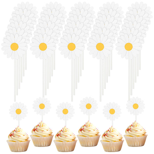 Daisy Cupcake Toppers Flower Toothpicks 12 * 4.7cm/4.7 * 1.8inch, White Cute Toothpicks Cocktail Cake Fruit Bowl Yogurt Bowl DIY Decoration (36 Pcs)