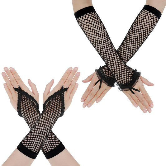 Lusofie 2 Pairs Black Fishnet Gloves Fingerless for Women 2 Styles 22 cm Long Black Gloves Mesh Arm Sleeves Emo Goth 80s Accessories