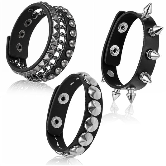Yolev 3 Pcs Studded Bracelet Black Spiked Bracelet Emo Punk Gothic Spike Bracelets Leather Cuff Set Adjustable Wristband Bangle Punk Rock Bracelets For Men Women 80s Jewelry Party Night Club