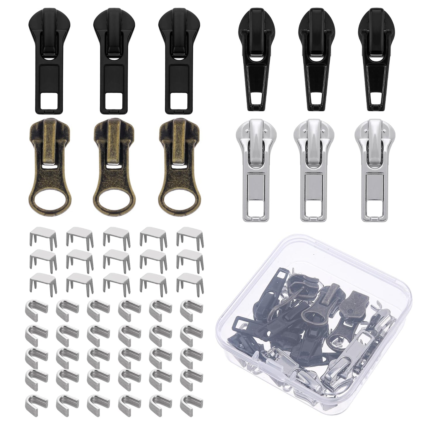 Zip Repair Kit 58Pcs Zipper Pull Replacement Metal Zipper Replacement Slider Kit Fix A Zipper for Sewing Jeans Coats Luggage Repairing