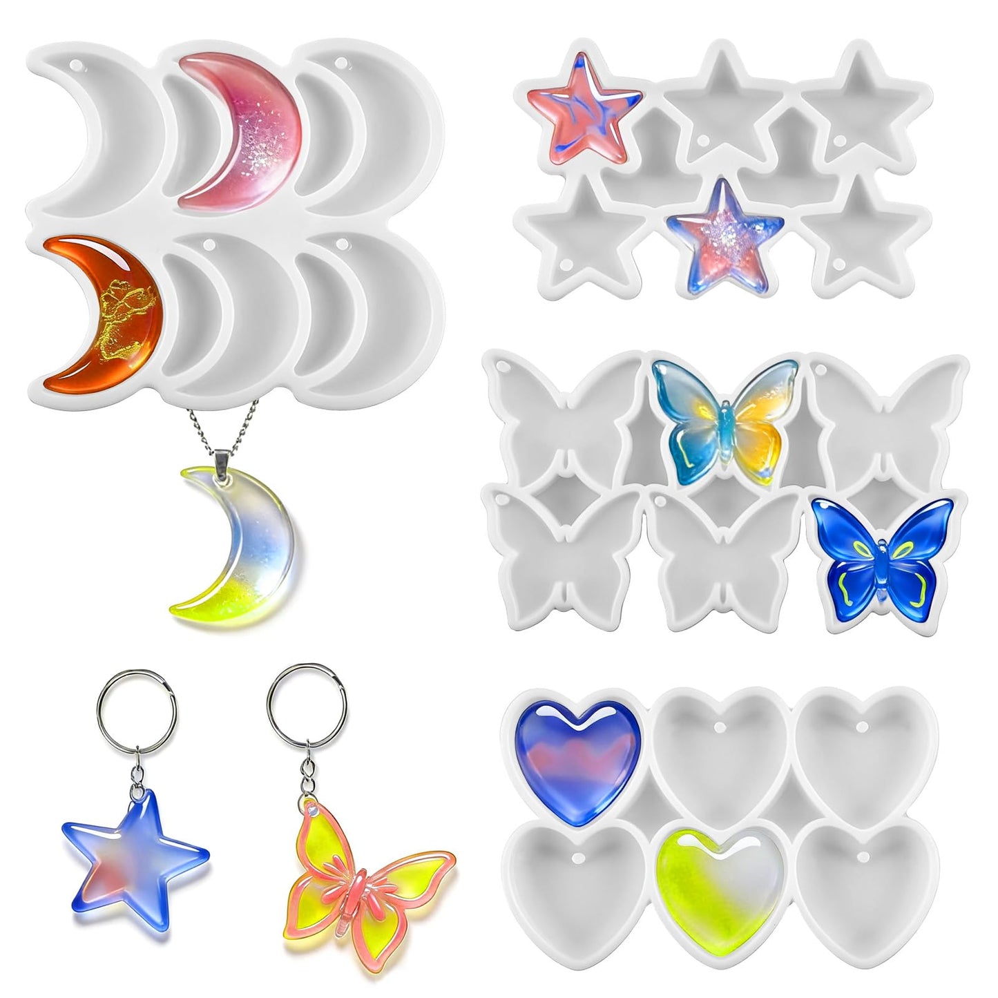 4 Pcs Resin Earring Molds with Holes, Butterfly Star Moon Heart Silicone Molds for Epoxy Resin, Reusable Jewelry Mold for UV Epoxy Crafts, Earrings, Necklace, Pendants, Keychain