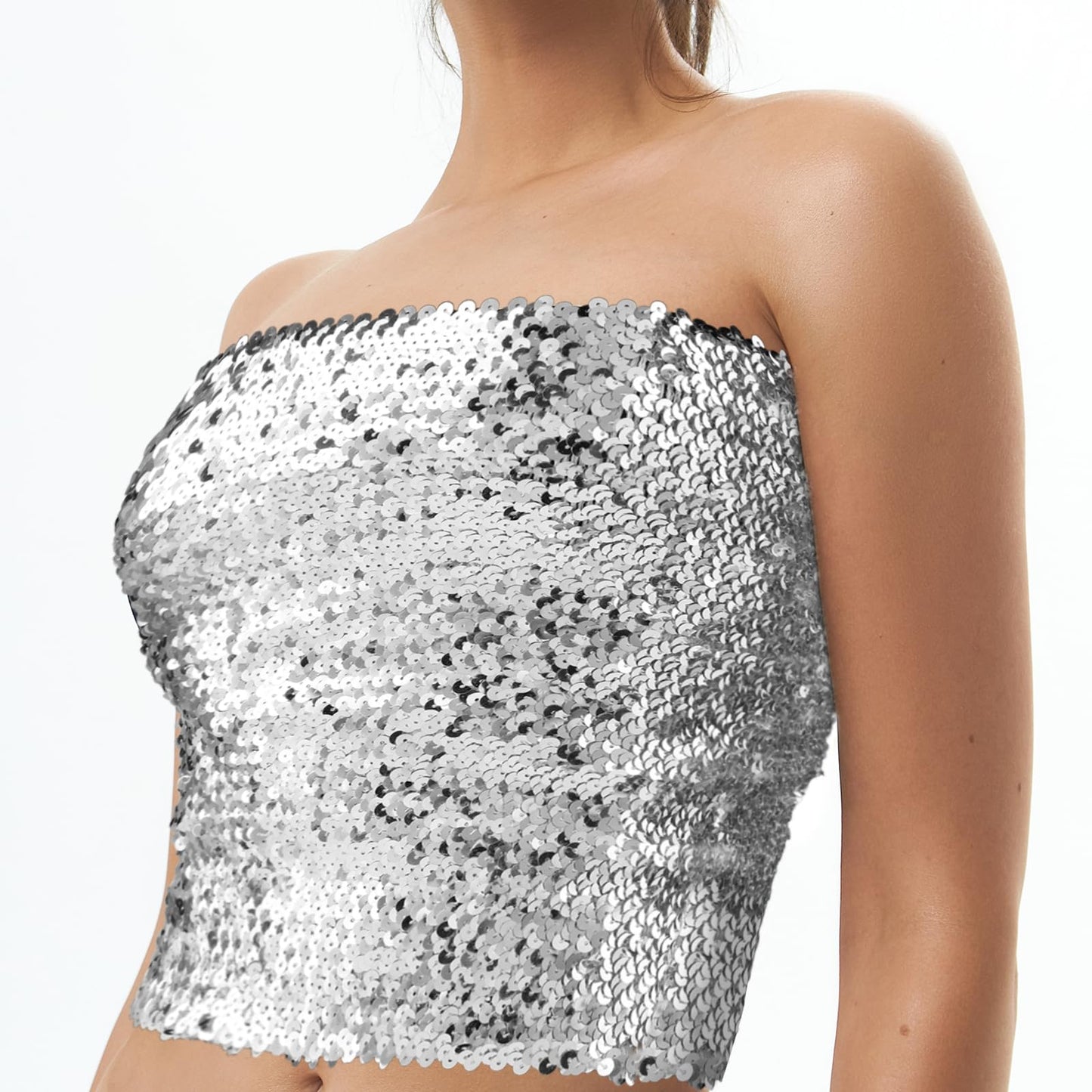 Lusofie Silver Sequin Tube Top Metallic Stretchy Silver Tube Top Crop Top Strapless Silver Sequin Top for Women Party Club Wear
