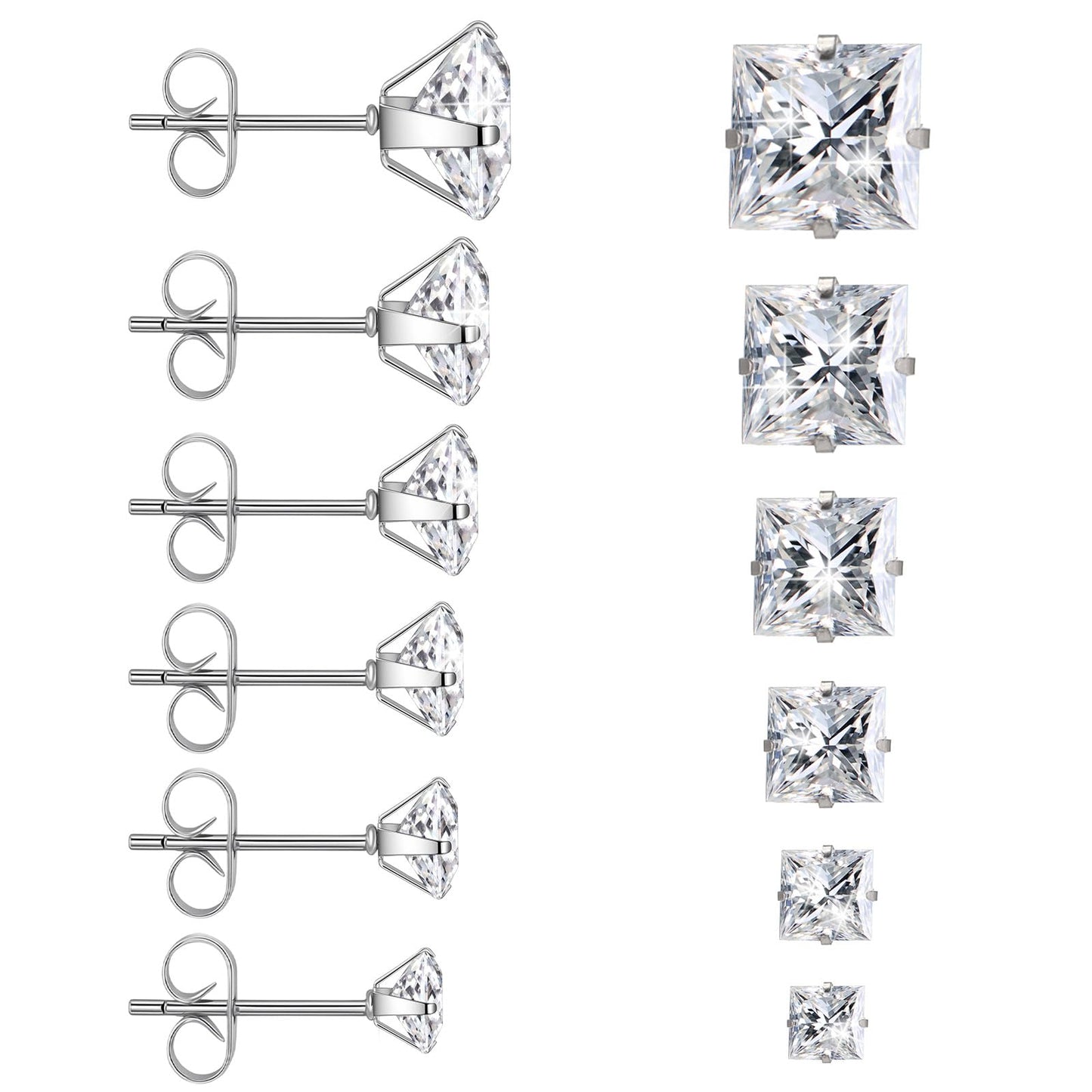 6Pairs Stainless Steel Square Cubic Zirconia Stud Earrings for Women Men